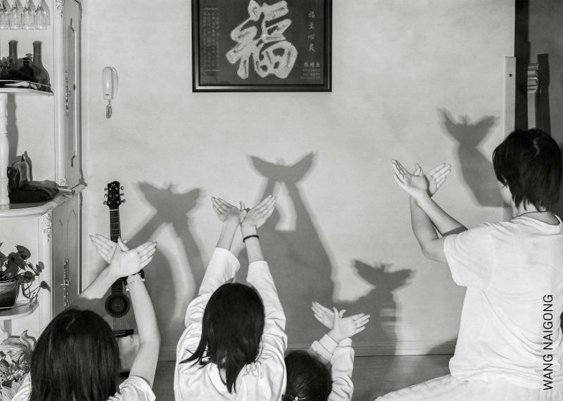 Kinder machen vor einer Wand mit den Händen Schattenfiguren, so dass Tauben zu erkennen sind