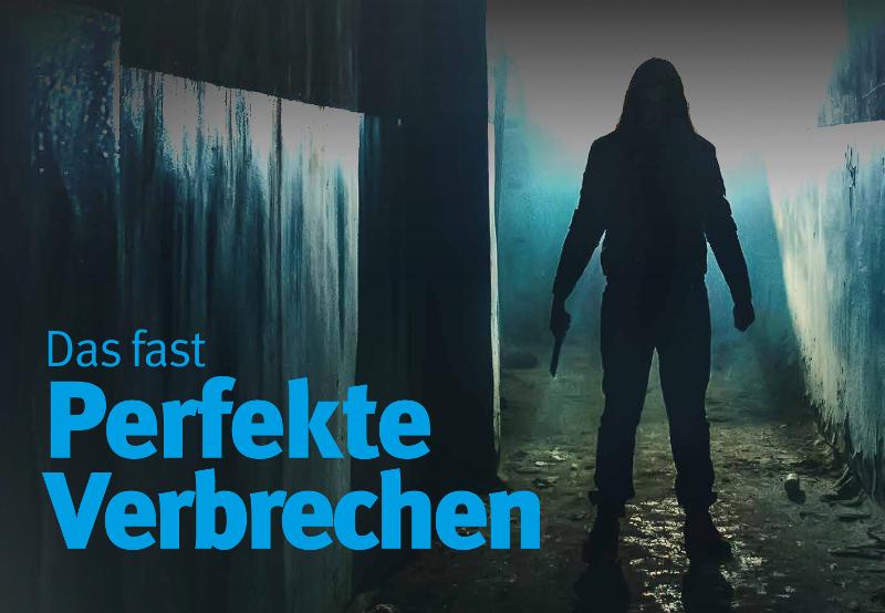 Person im Gegenlicht mit Schriftug: Das fasst perfekte Verbrechen"