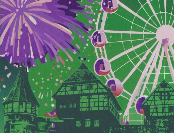 Titelbild Balinger Volksfest Grafik des Balinger Zollernschlosses in der Art eines schwarz-weiß-Holzschnittes auf grünem Hintergrund, dahinter ein Riesenrad und Feuerwerk in weiß-lila-Tönen